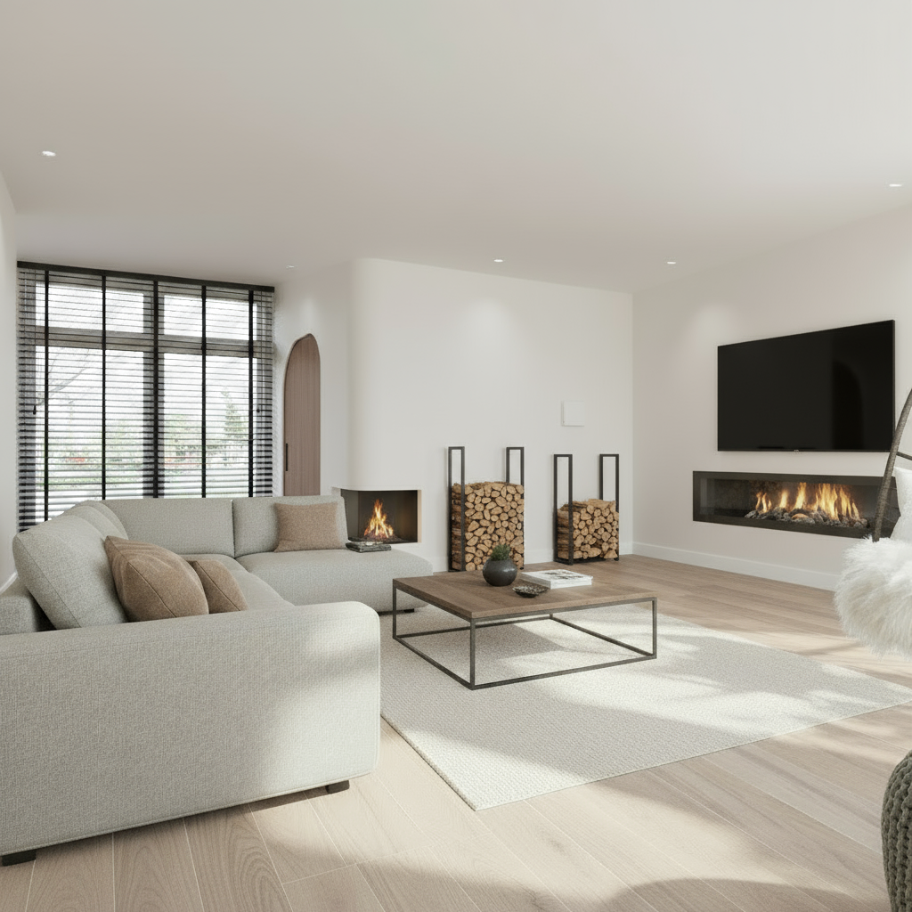 Haardblokhouder interieur met gevulde houdblokken.